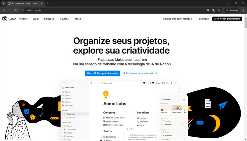 print da homepage do notion