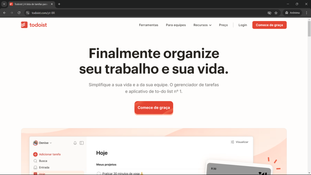 print da homepage do todoist